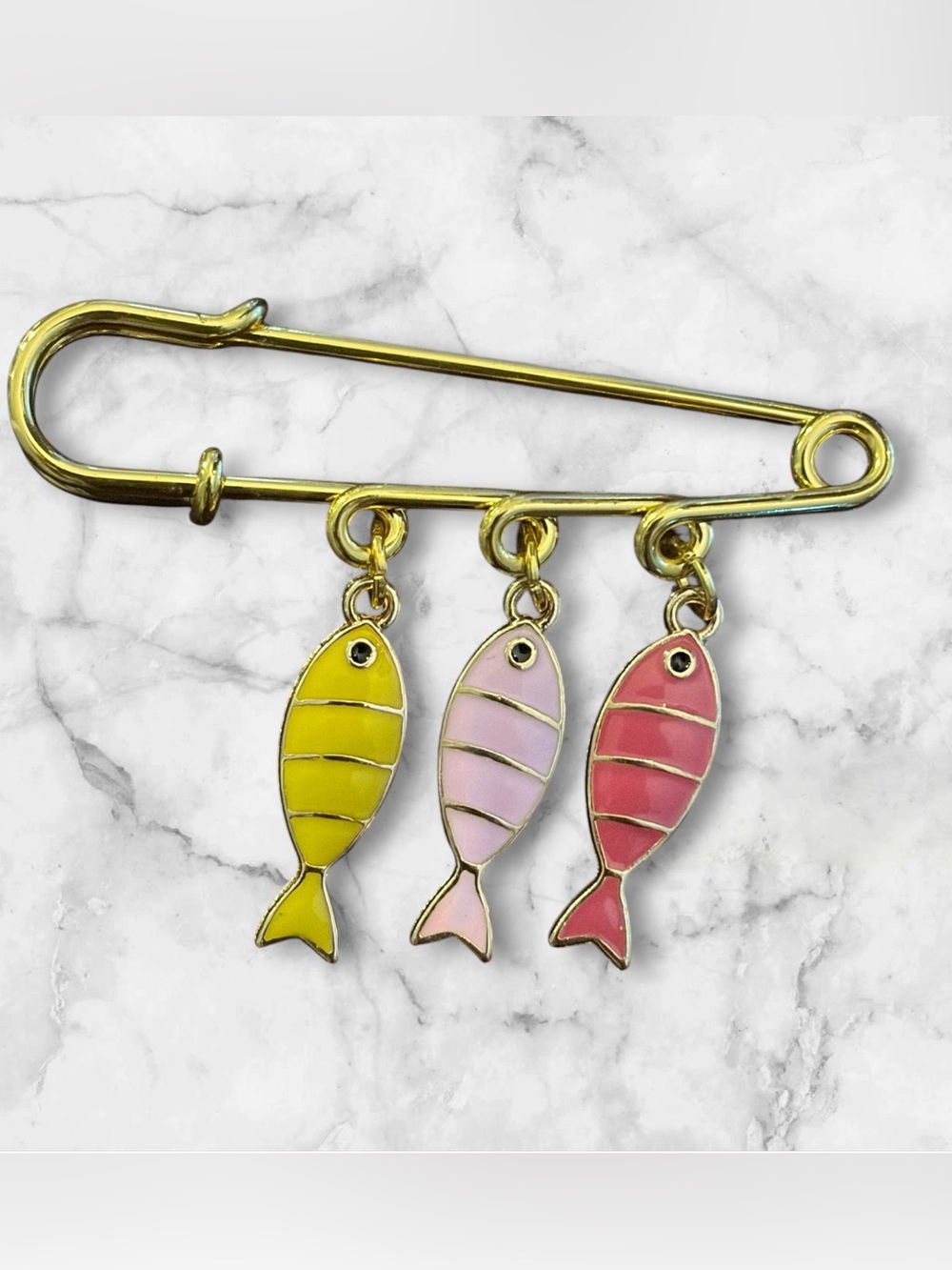 Gold-Tone Safety Pin Brooch with Yellow, Pink and Red Enamel Fish Charms